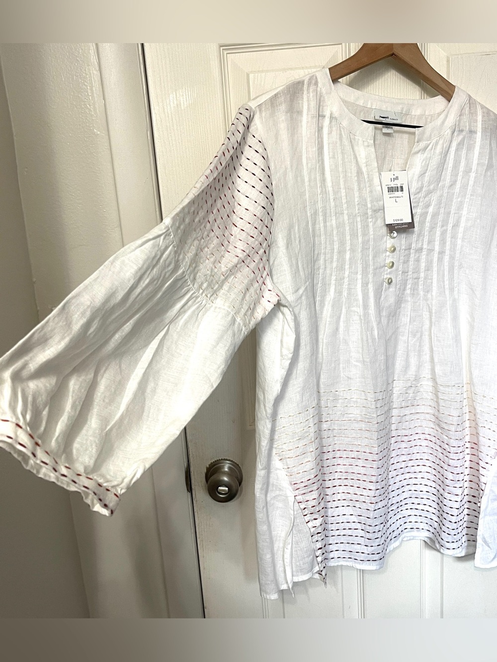Pure Jill Elements Linen White Ombre Stitched Semi Sheer Tunic Top Sz L NWT - Picture 3 of 11
